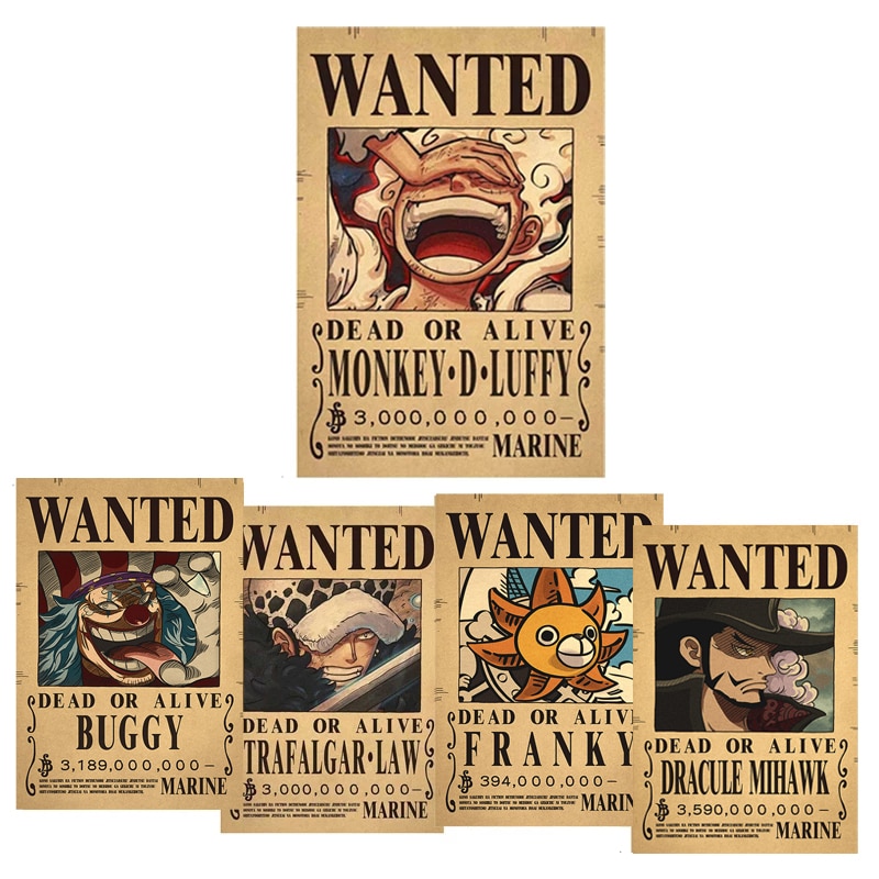 One Piece Luffy 3 Billion Bounty Wanted Posters Four Emperors Kid Action Figures Vintage Wall Decoration - One Piece Figure